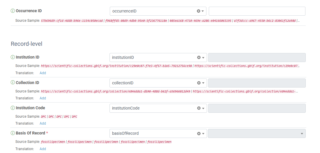 a screenshot showing Darwin Core field mapping for the DLCMNH Egypt collection