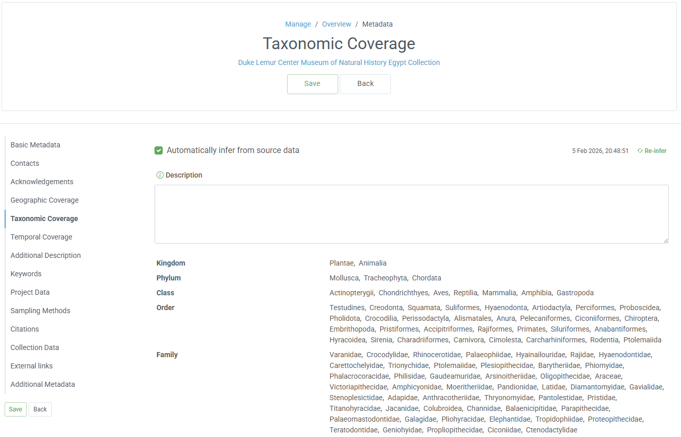A screenshot showing the automatically-derived taxonomic coverage of the DLCMNH Egypt collection