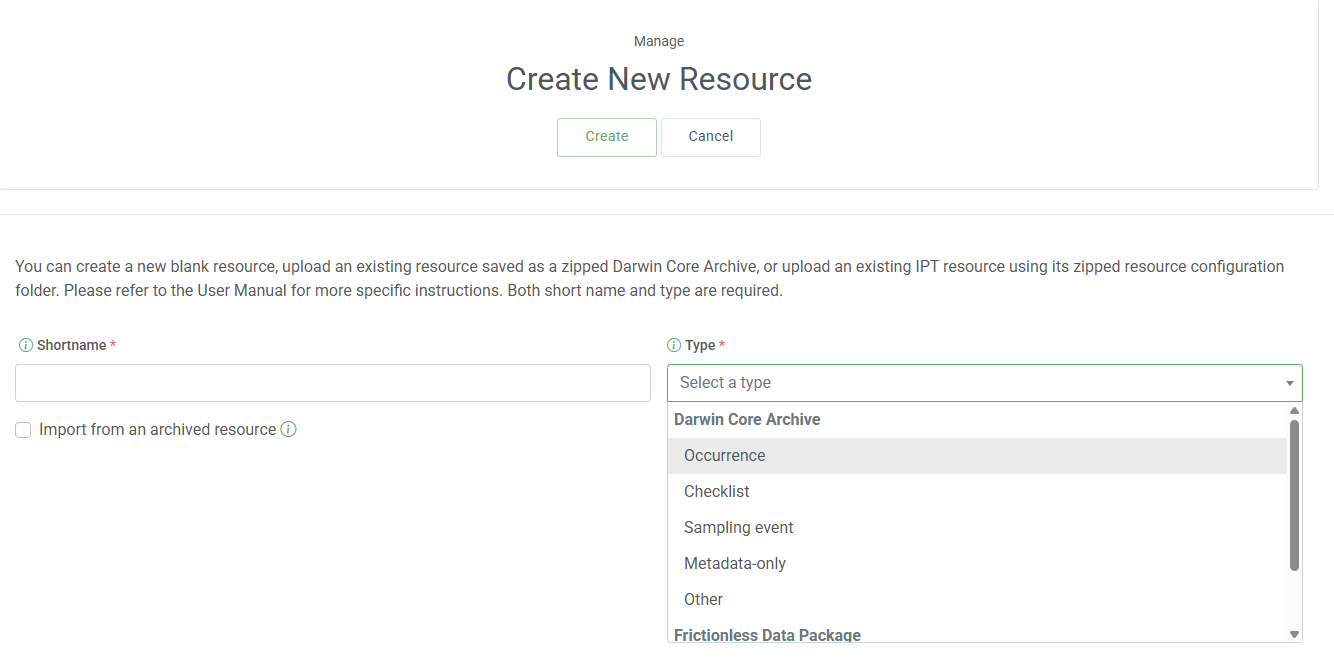 A screenshot of the IPT showing the new resource creation page with the Type field expanded